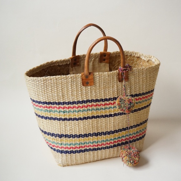 Mar Y Sol Handbags - MAR Y SOL Caracas Striped Sisal/ Seagrass Pom Pom Market Tote